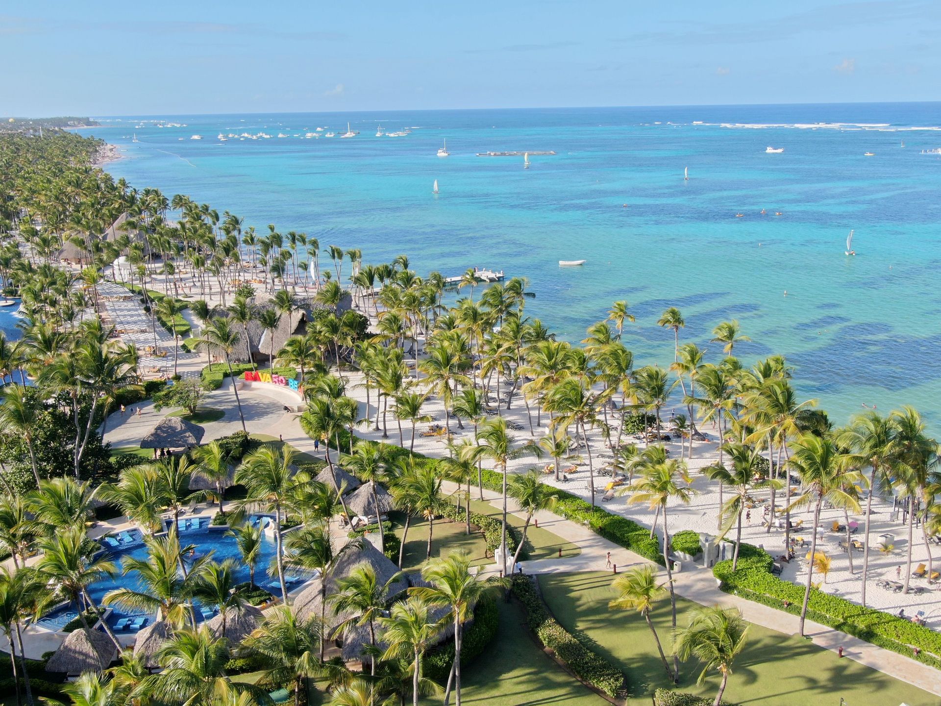Un hombre y una mujer caminan por una playa con palmeras.
