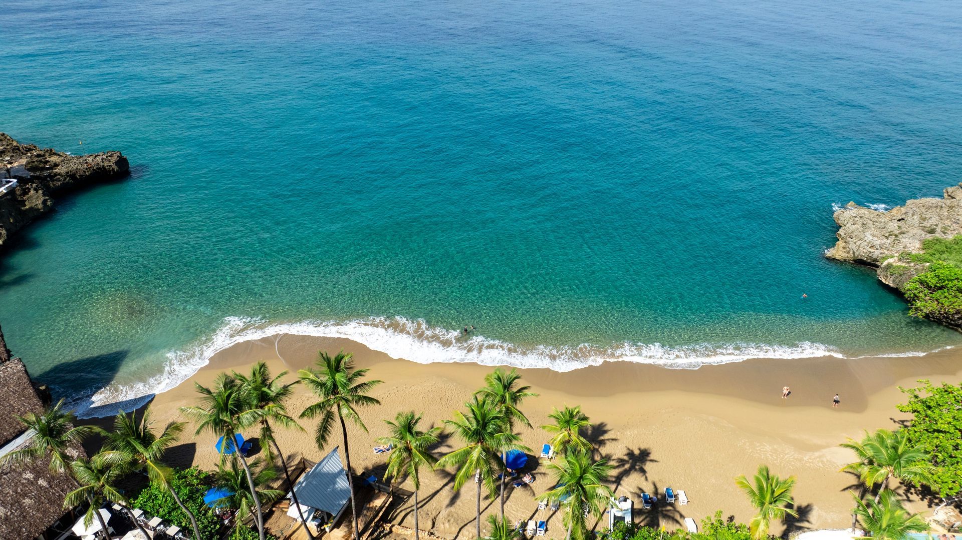 Un hombre y una mujer caminan por una playa con palmeras.
