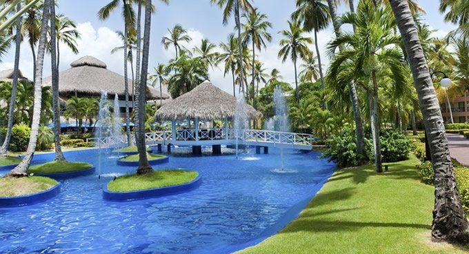 Hay una fuente en medio de la piscina rodeada de palmeras.