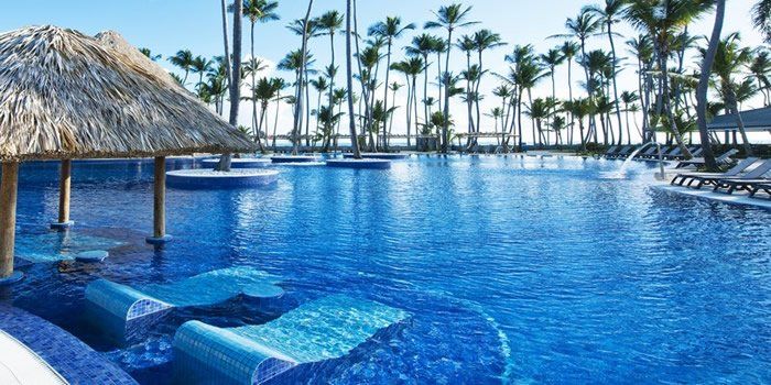 Una gran piscina rodeada de palmeras y una cabaña con techo de paja.