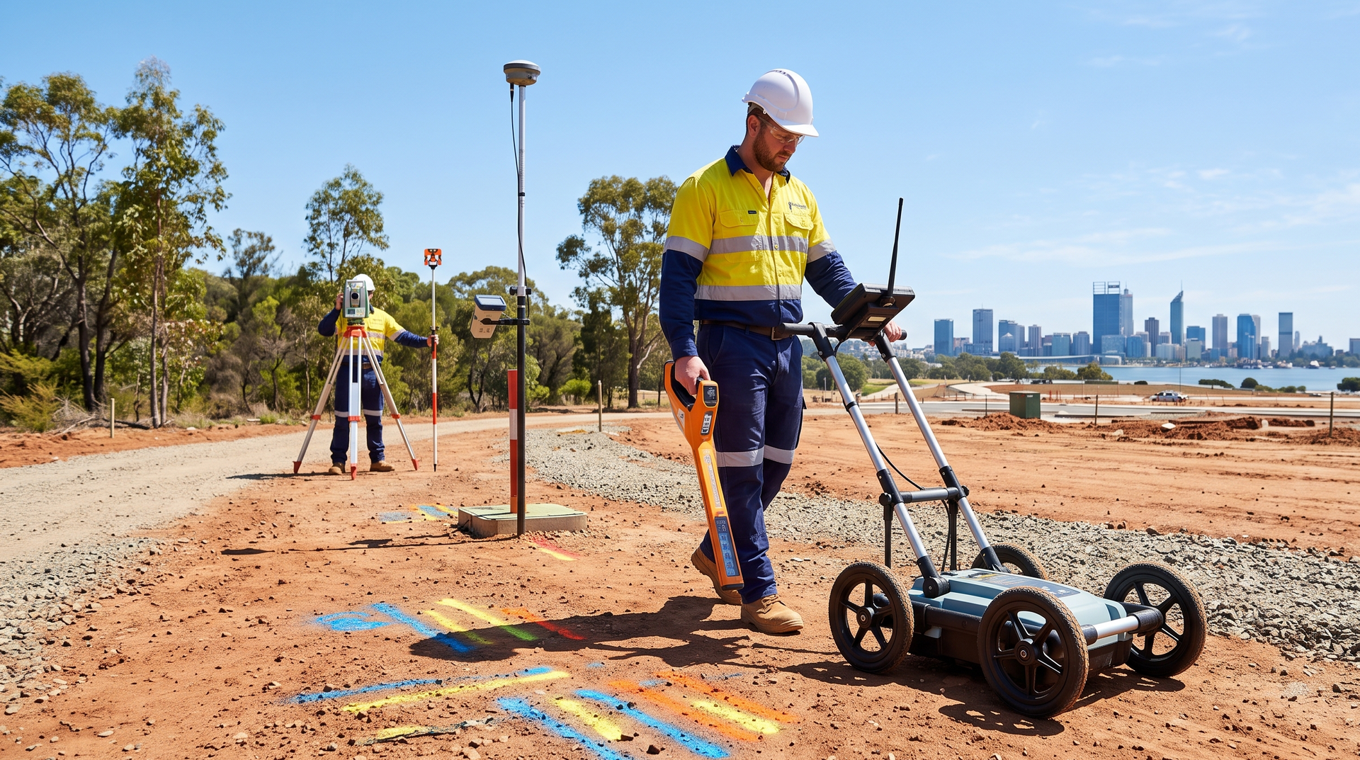 Surveying crew collecting field data for a civil project