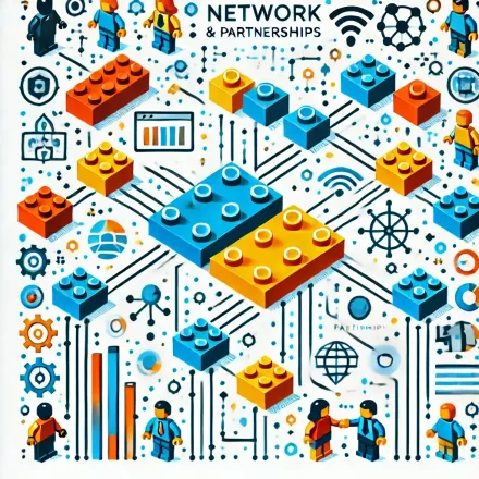 A colorful illustration of a network and partnerships made of lego bricks.