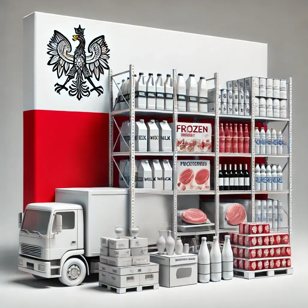 A truck is parked in front of a wall with a polish flag on it.