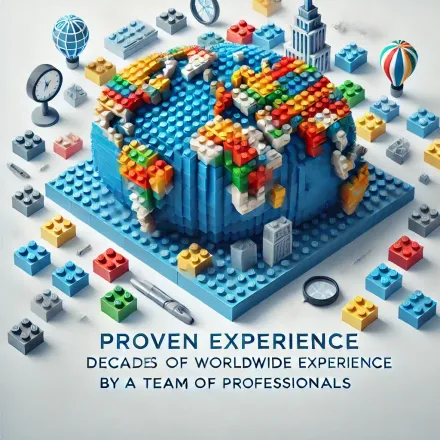 A cake made out of lego blocks with the words proven experience decade of worldwide experience by a team of professionals