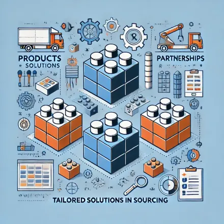 An isometric illustration of products and solutions in sourcing.