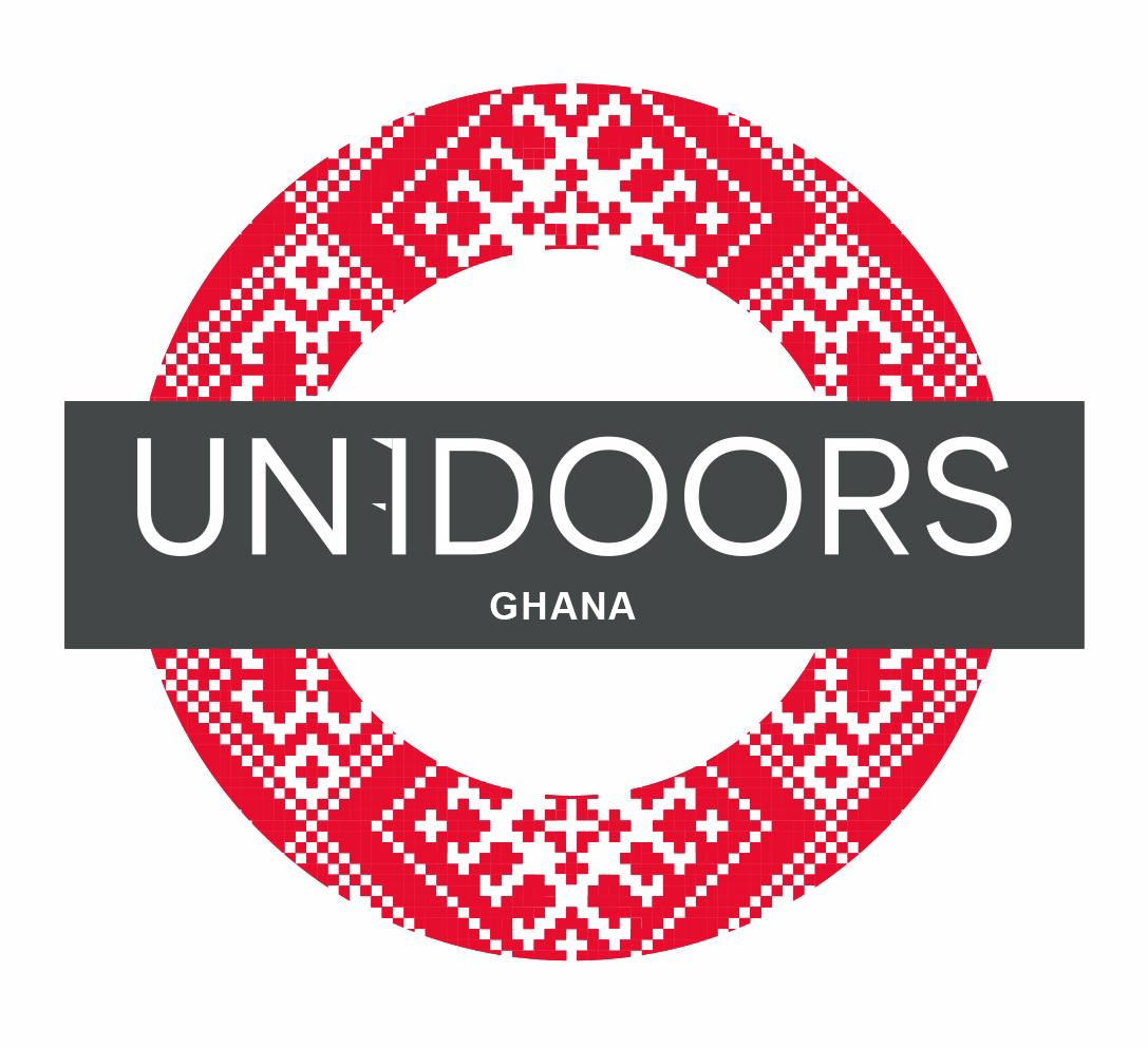 A logo for unidoors ghana with a red and white pattern