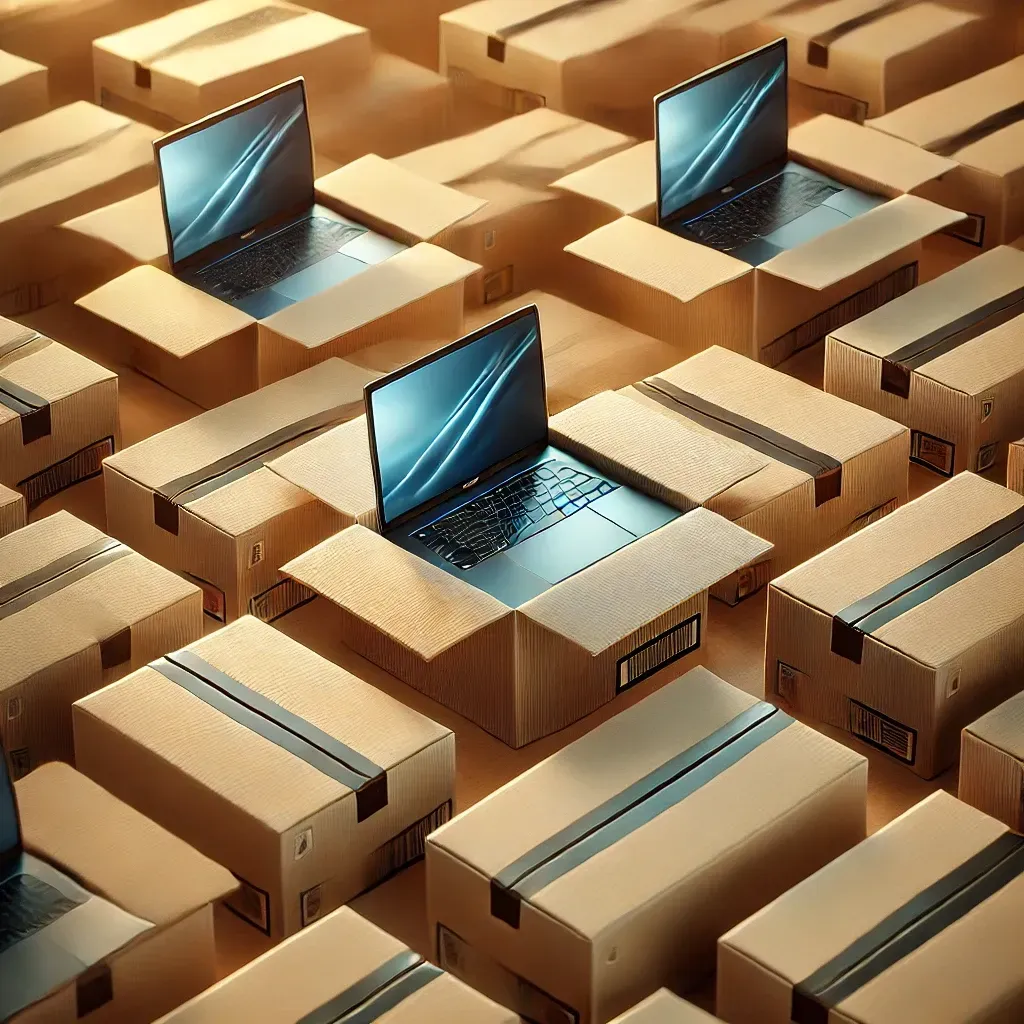 A laptop is sitting on top of a pile of cardboard boxes.