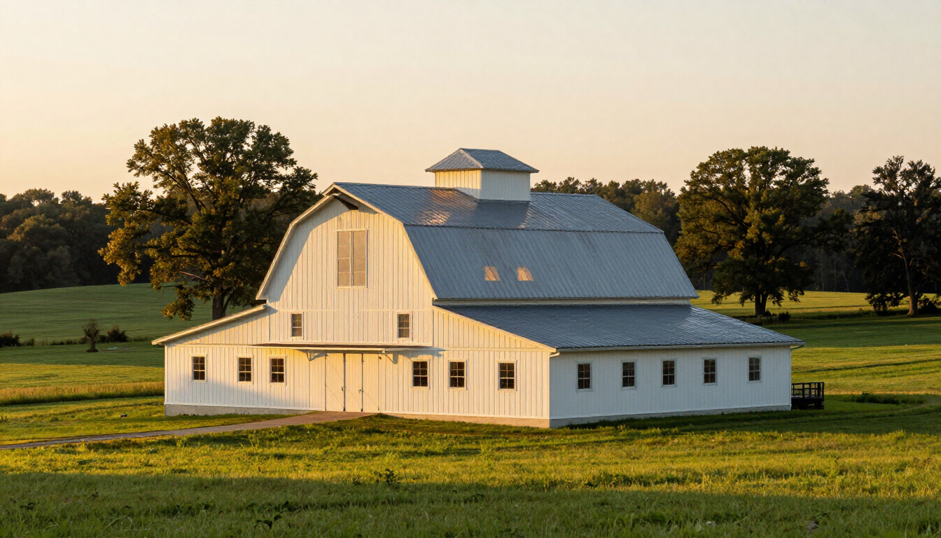White barn with a gray roof on a green field at sunset, surrounded by trees.