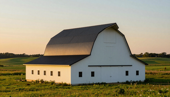 White barn with dark roof in a green field at sunset