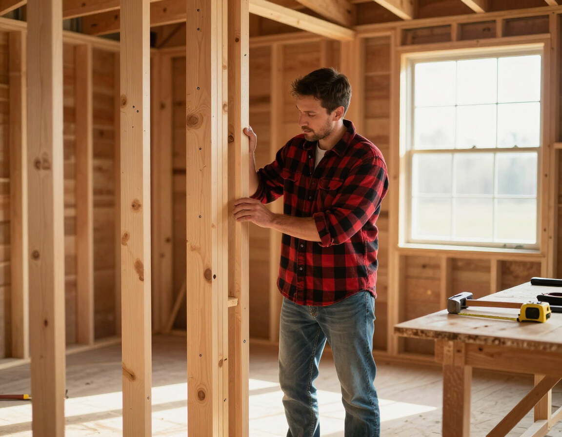 Man measuring a wooden wall frame inside a house under construction, wearing a red plaid shirt.