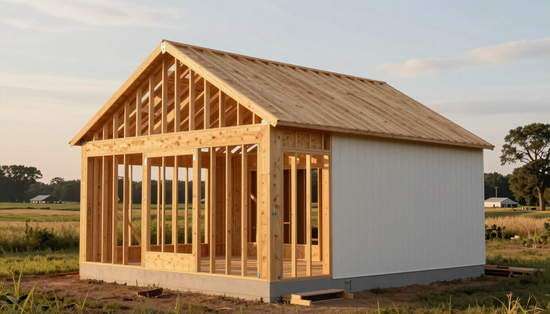 Partially built wooden shed with exposed framing and white siding in a grassy field