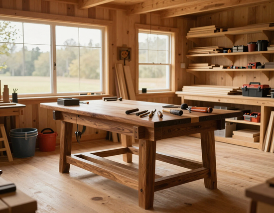 Wooden workshop interior with a workbench, tools, shelves, and large windows overlooking a grassy yard