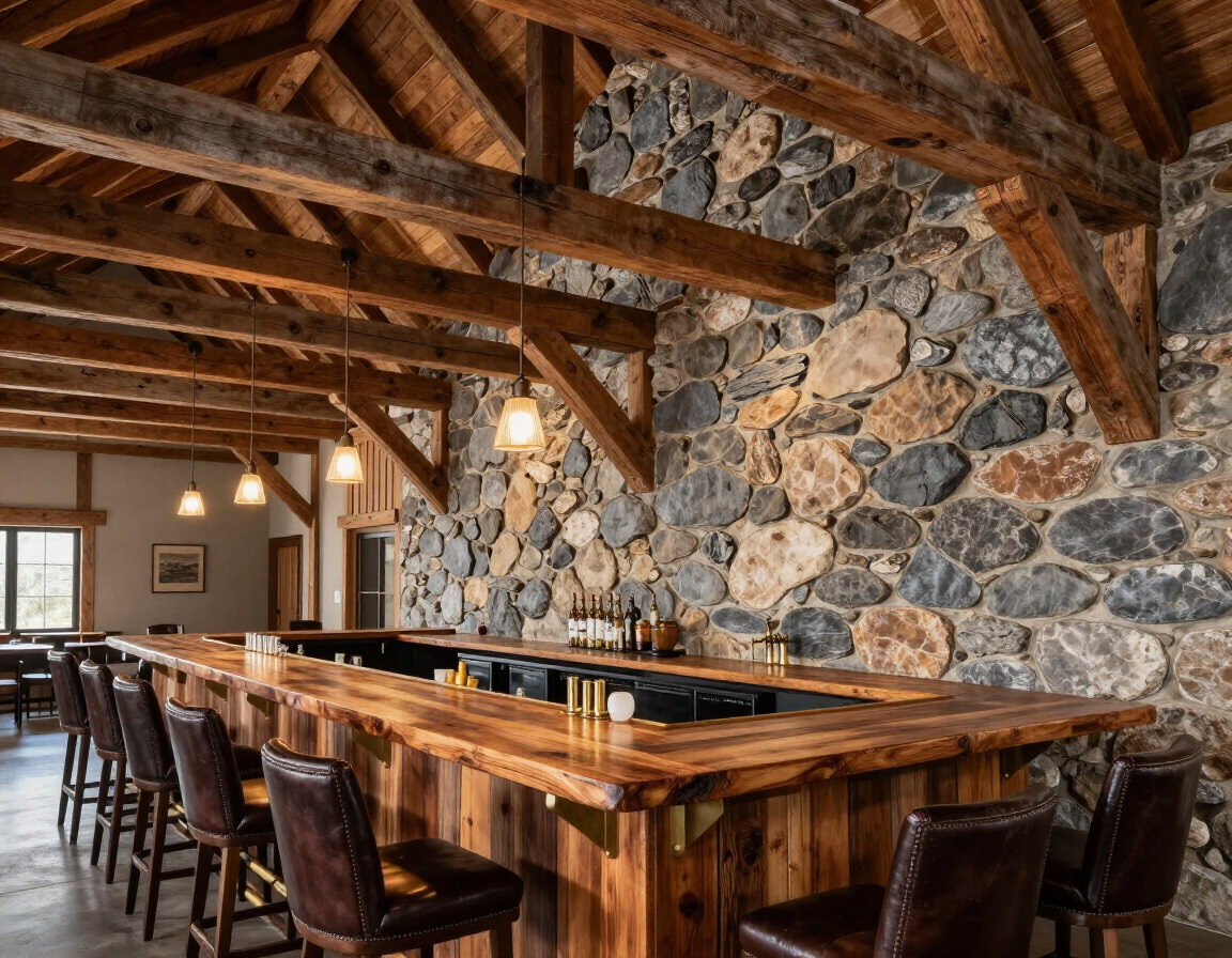 Rustic dining hall with a long wooden table, leather chairs, exposed beams, and stone walls
