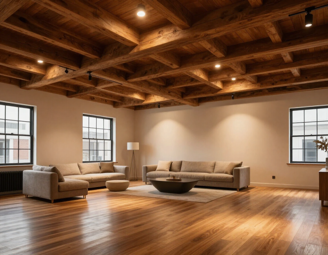 Spacious living room with exposed wood beams, hardwood floors, gray sofas, and large windows