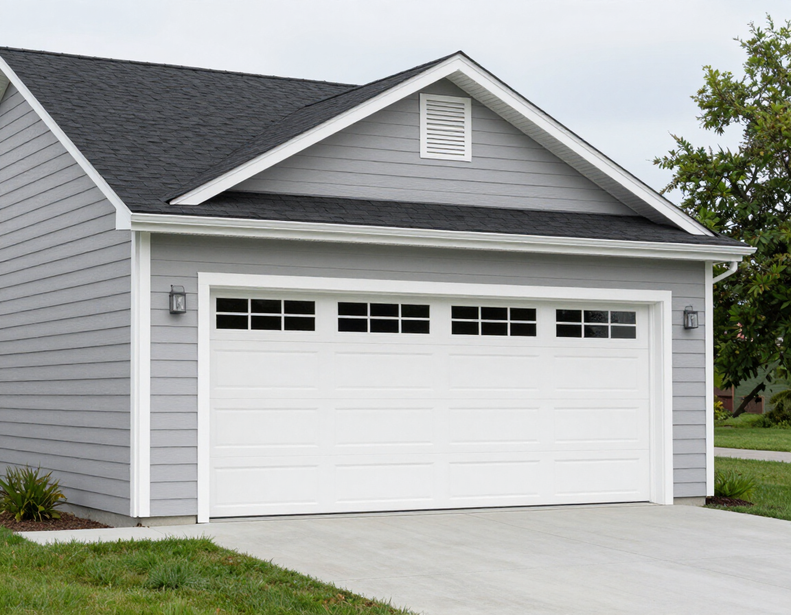 Gray house with white two-car garage and concrete driveway