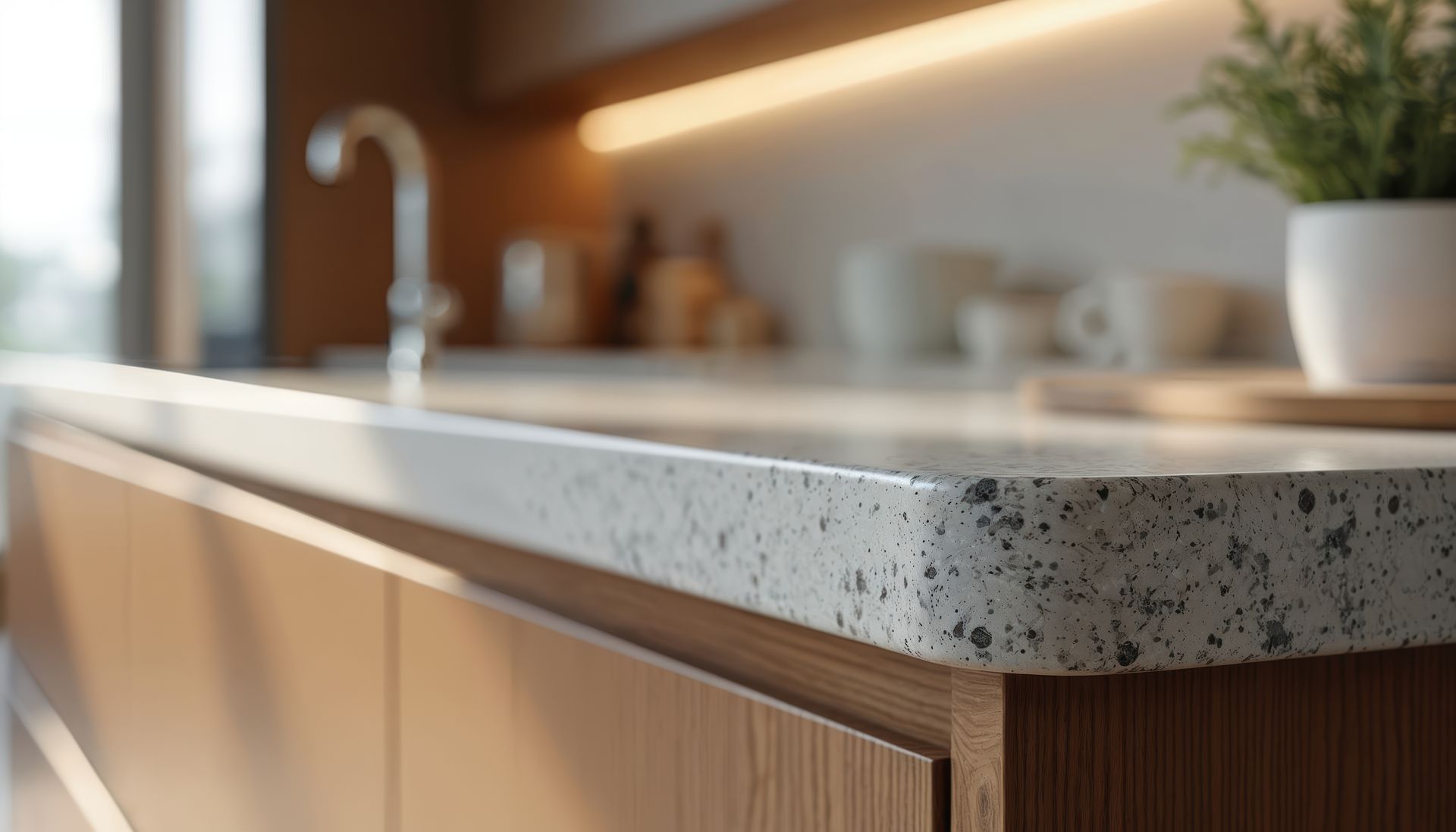 Close-up of the corner of a kitchen benchtop inside a modern kitchen.