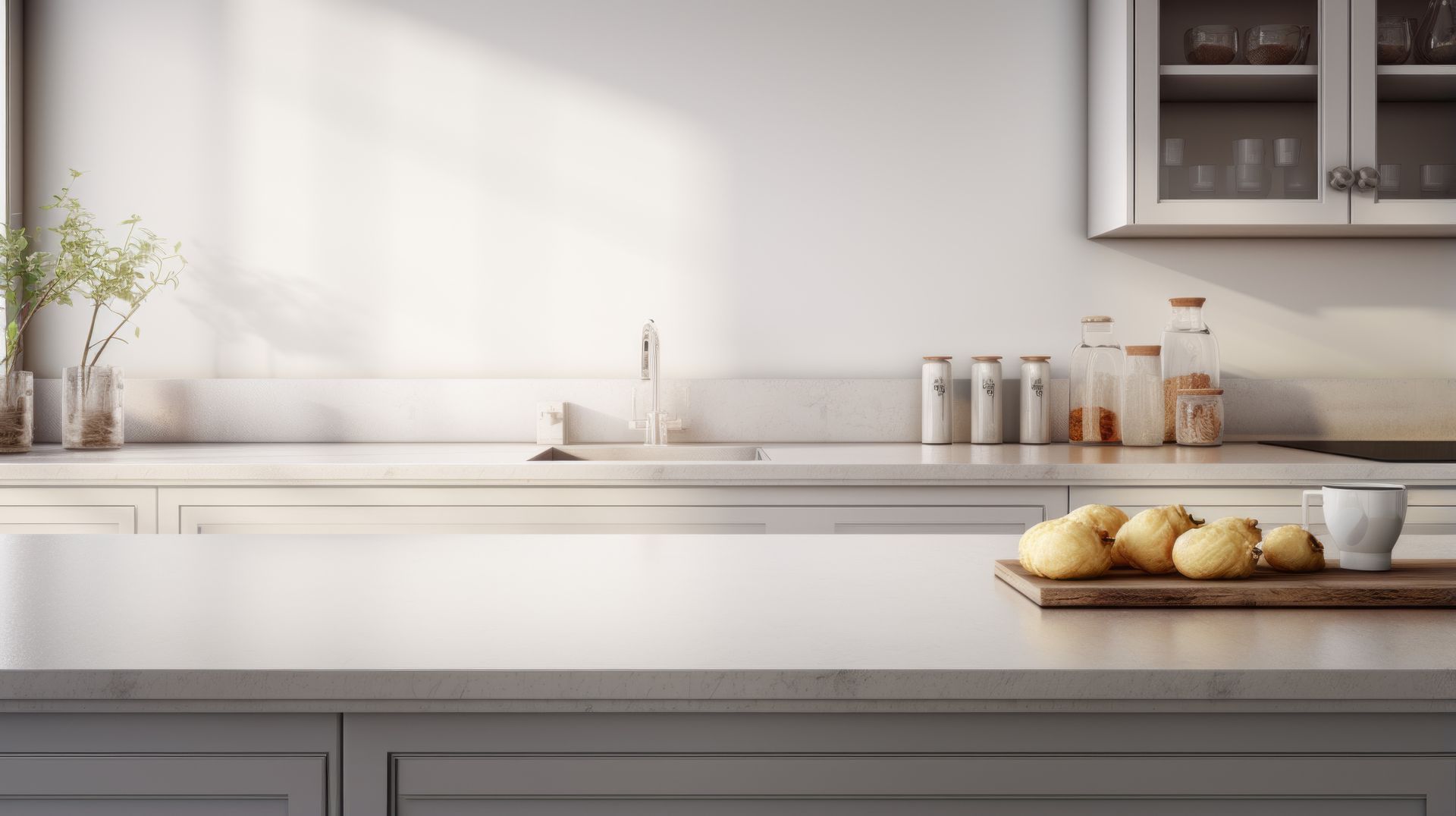 View of a white kitchen benchtop inside a nice and modern kitchen.