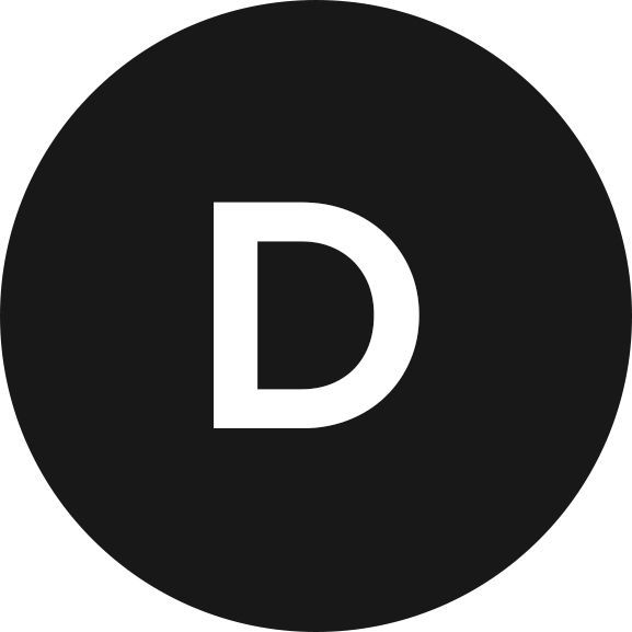 White letter D on a black circular background.