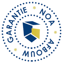 Circular blue-and-white seal with yellow shield and French text around the edge