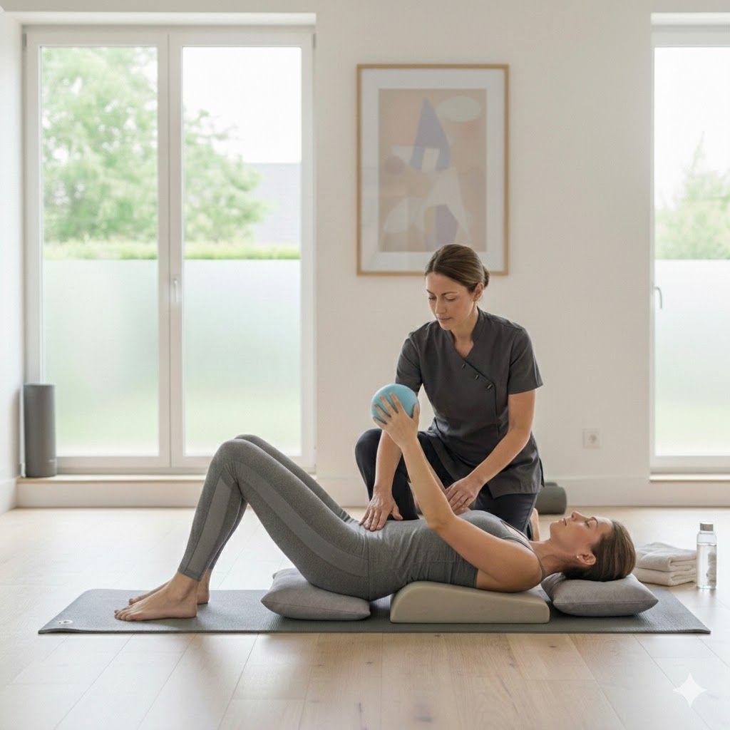 woman receiving mat clinical pilates during post-operative rehab with a physiotherapist