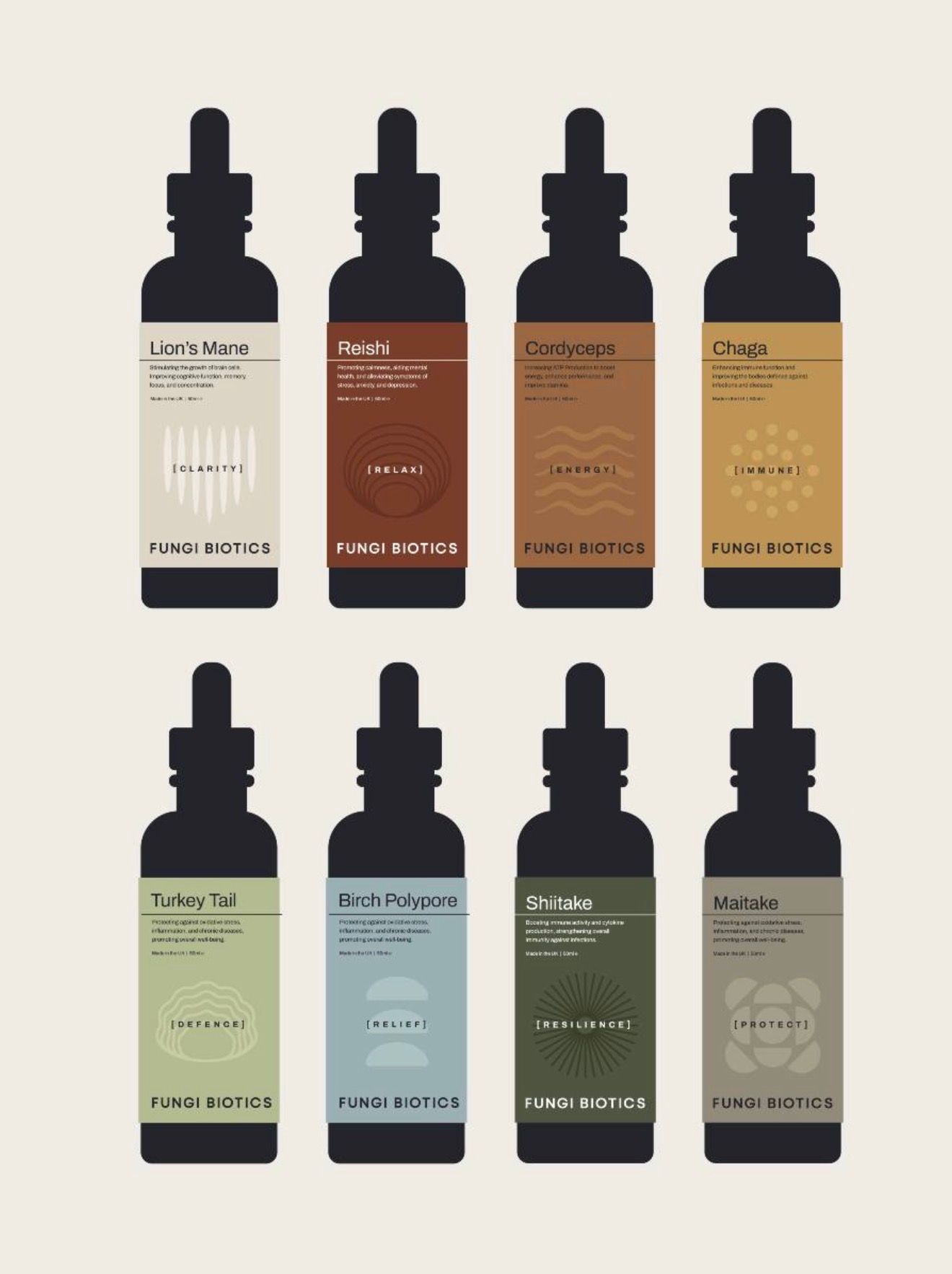Fungi Biotics full product range tinctures brand identity REGO Creative