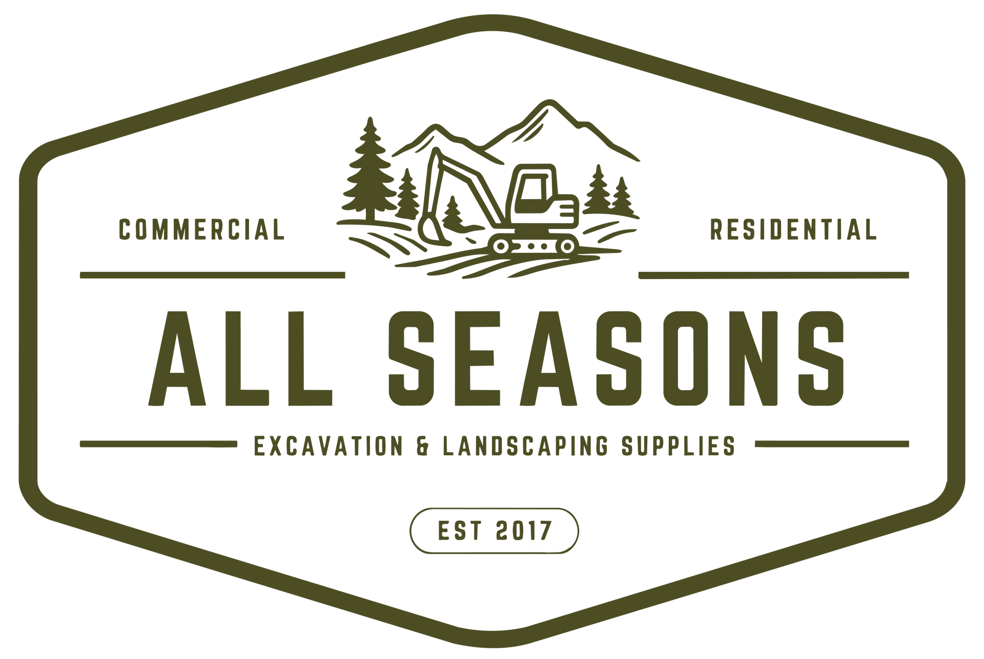 A logo for all seasons landscaping and excavating with a yellow excavator.