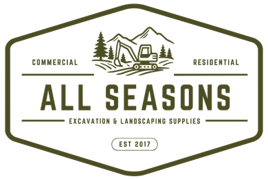 A logo for all seasons landscaping and excavating with a yellow excavator.