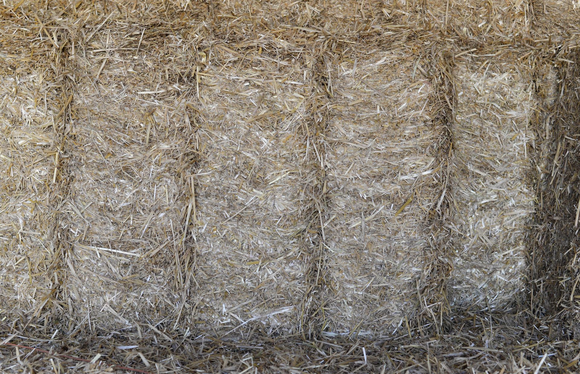 A rectangular bale of hay bound with twine, tan, in a barn.