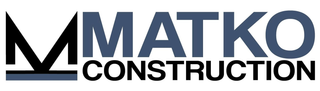 Logo for Matko Construction. Features a stylized black "M" followed by the word "MATKO" in blue, and "CONSTRUCTION" below in black.