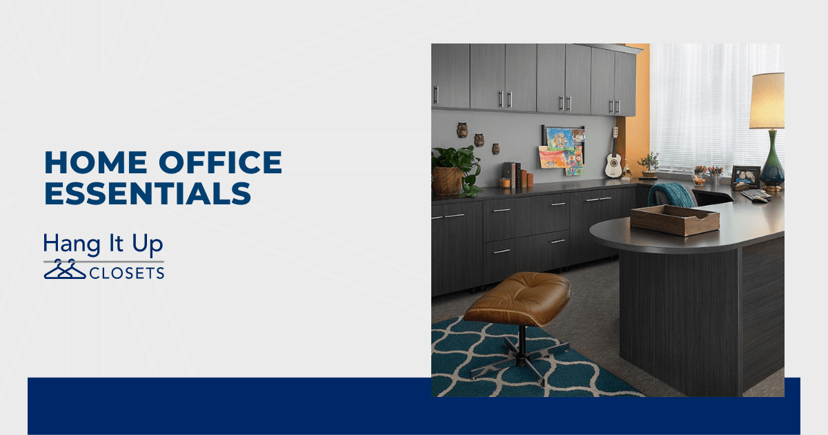 A picture of a home office with the words `` home office essentials '' written on it.