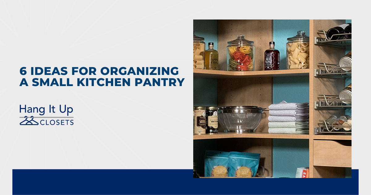 A picture of a small kitchen pantry with jars on the shelves.