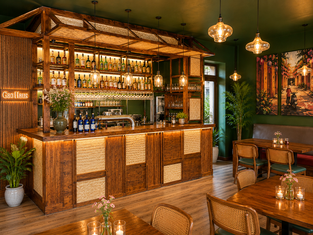 Gemütliche, rustikale Bar mit Theke aus geflochtenem Holz, Hängelampen, Flaschen und bequemen Sitzgelegenheiten in einer schummrigen Lounge