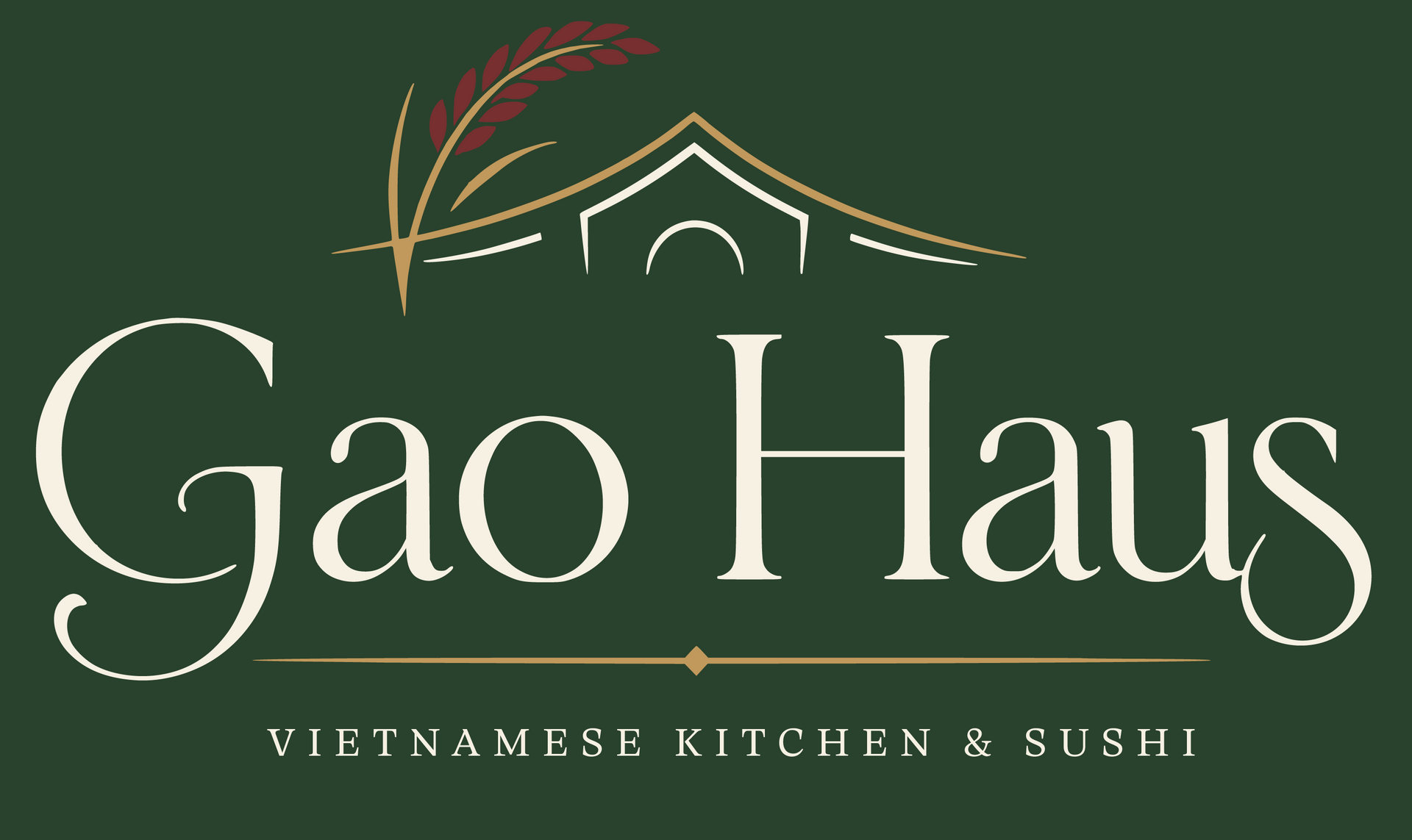 Das Logo von Gao Haus mit stilisierter Dachlinie, rotem Blatt und dem Slogan „Vietnamesische Küche & Sushi“ auf dunkelgrünem Hintergrund