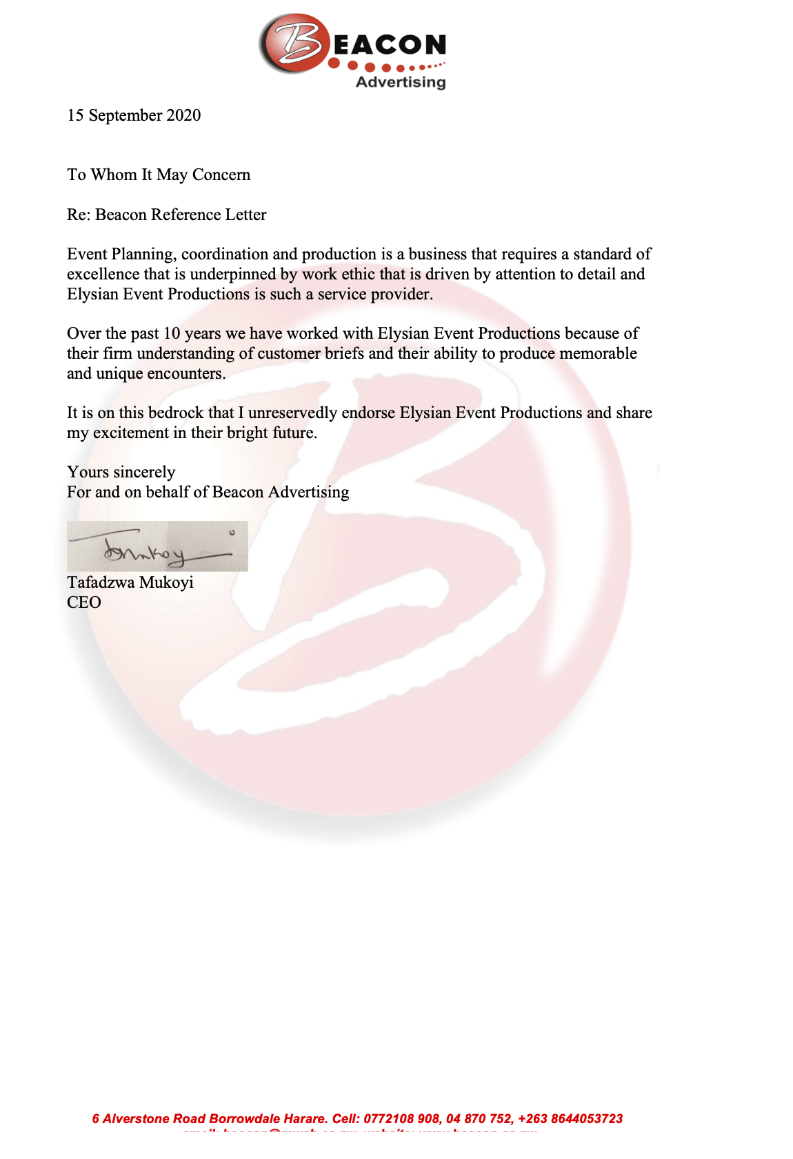 Beacon Advertising Reference Letter for Elysian Event Productions