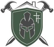 Green shield with Spartan helmet and crossed hammers, pickaxe, and white building symbol