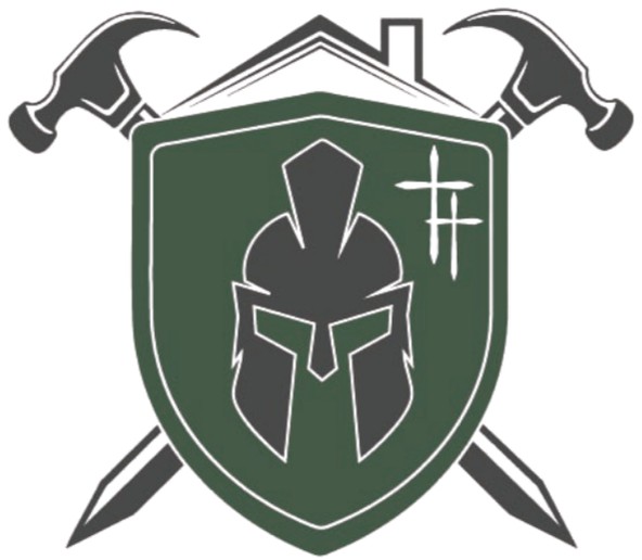 Green shield with Spartan helmet and crossed hammers, pickaxe, and white building symbol