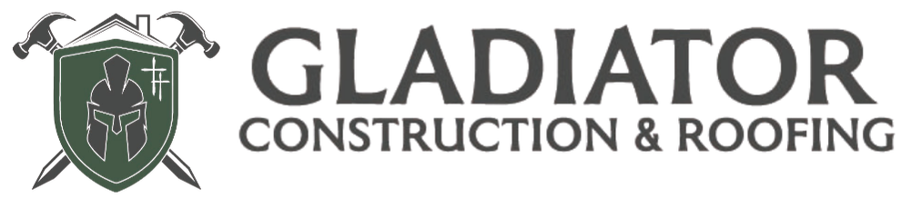 Gladiator Construction & Roofing logo with green shield emblem and gray text