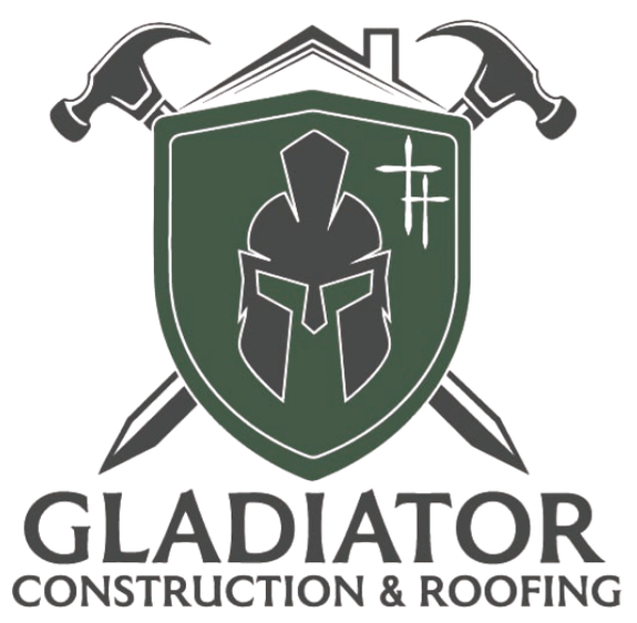 Gladiator Construction & Roofing logo with green shield, Spartan helmet, crossed tools, and roofline