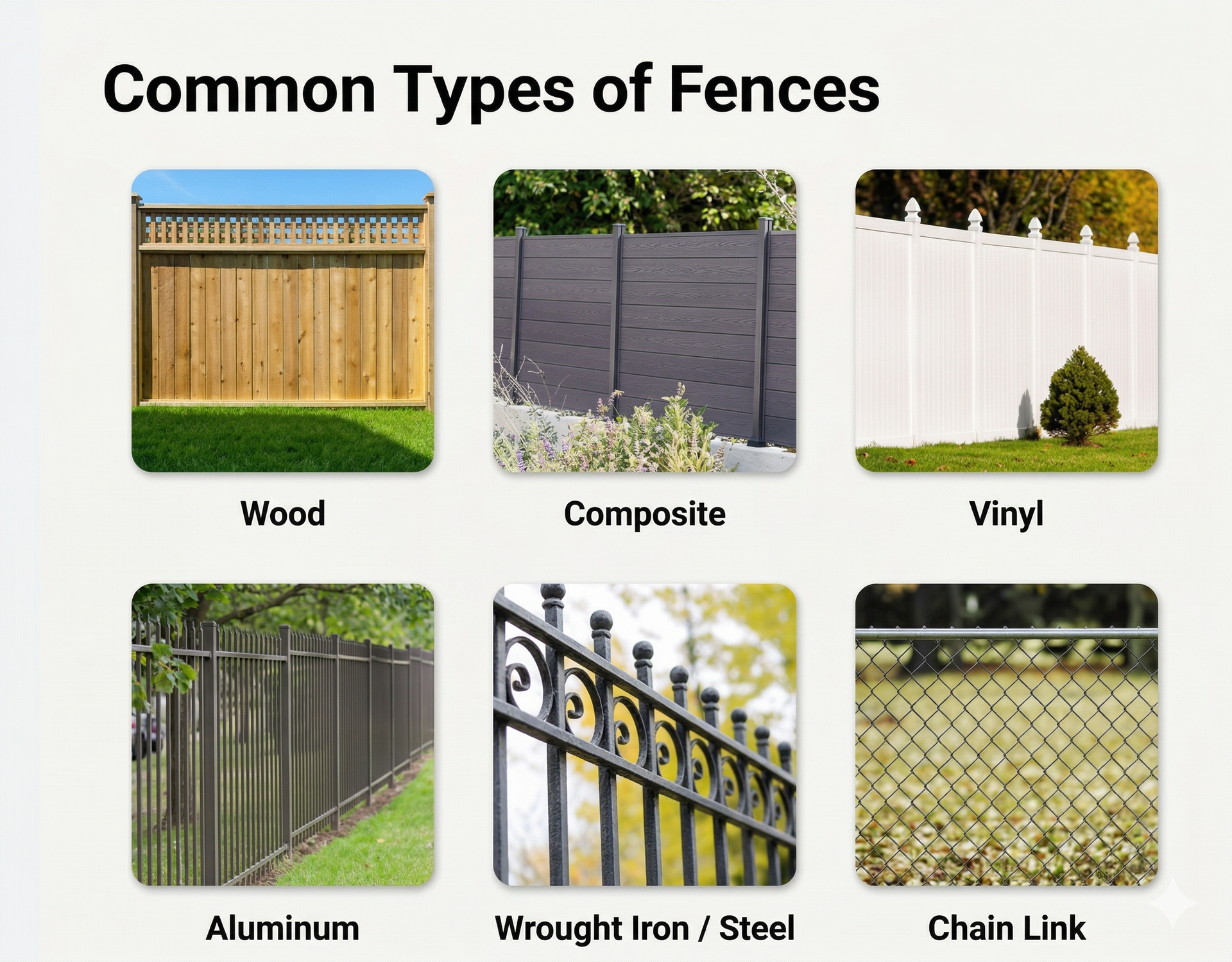 A grid of six common fence types labeled: wood, composite, vinyl, aluminum, wrought iron/steel, and chain link.