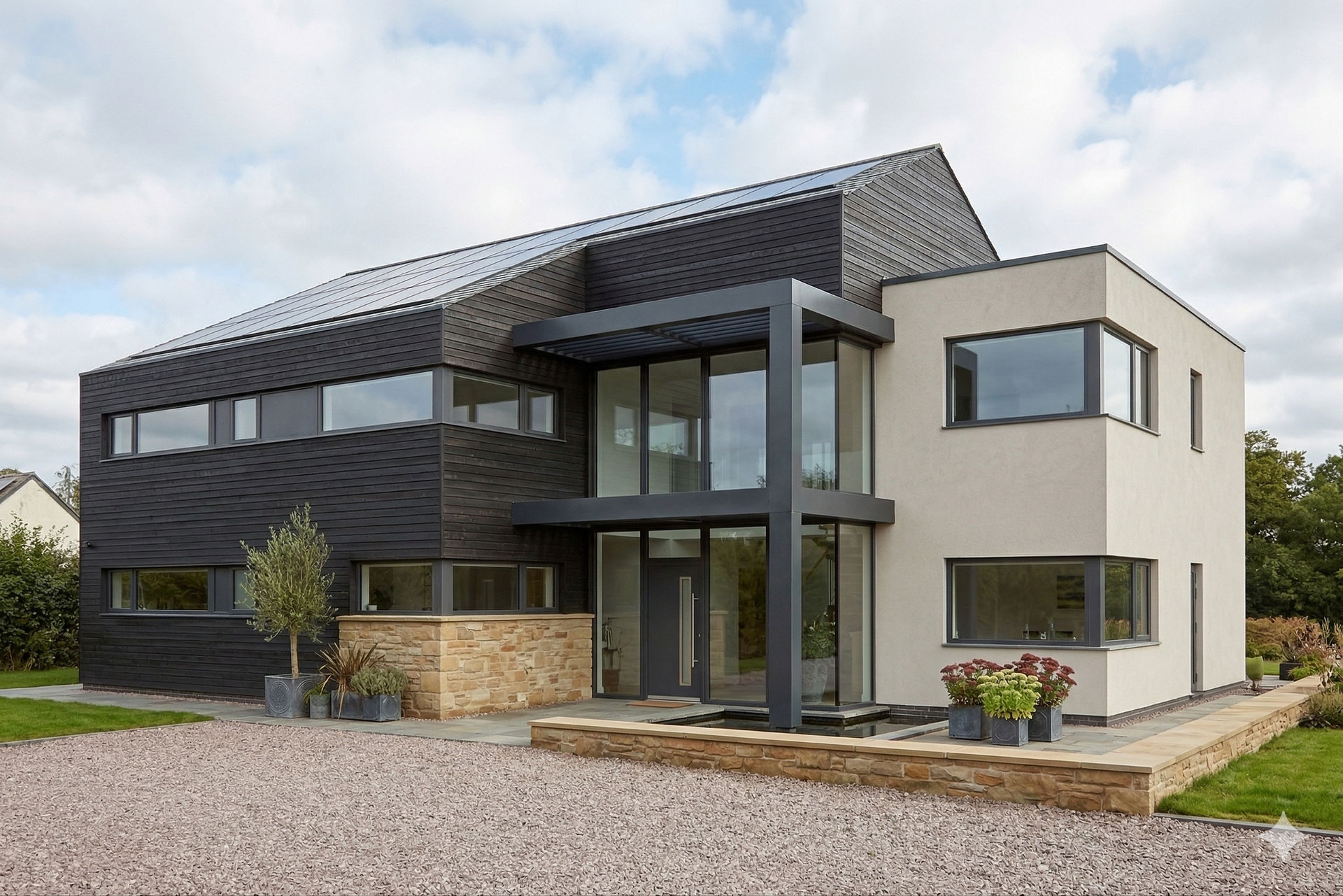A modern two-story house with a split exterior of black textured cladding and light stone, featuring a glass entryway.