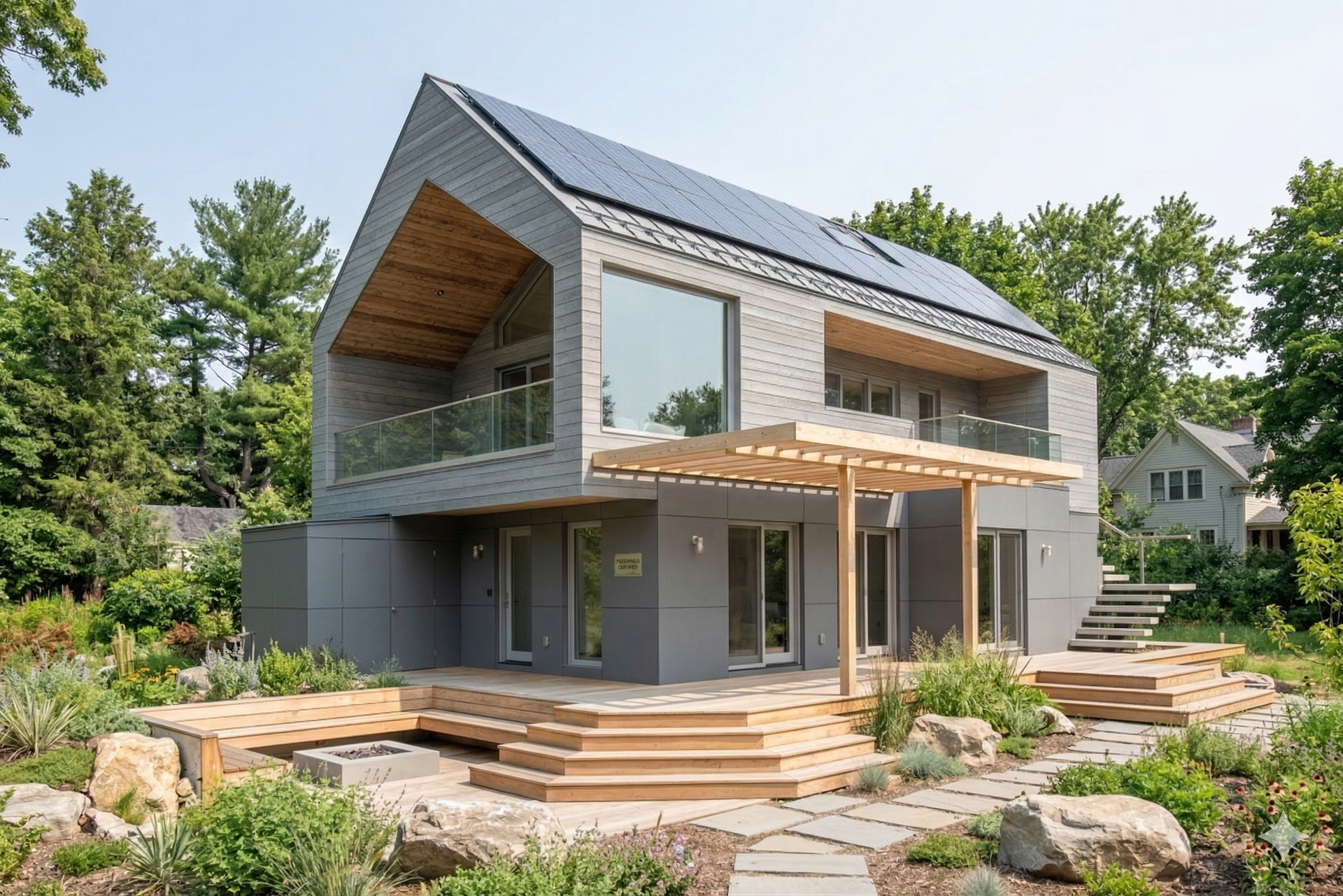 Modern two-story grey home with a gabled roof, solar panels, wooden pergola, and multi-level deck in a garden setting.