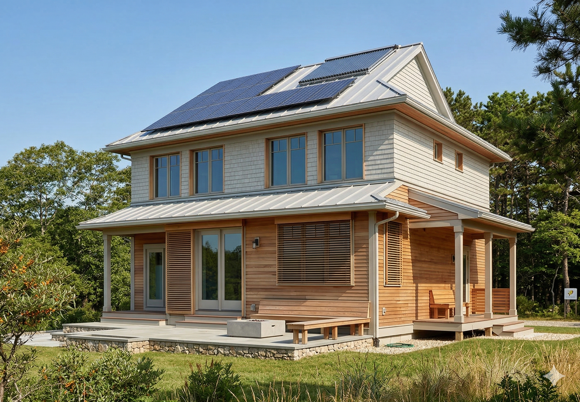 A two-story wooden house with a metal roof, solar panels, and a front porch, set in a sunny, wooded landscape.