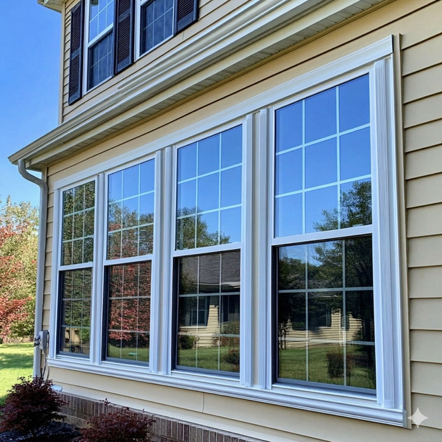 A set of four white-framed windows with decorative grids installed on the side of a yellow-sided house.