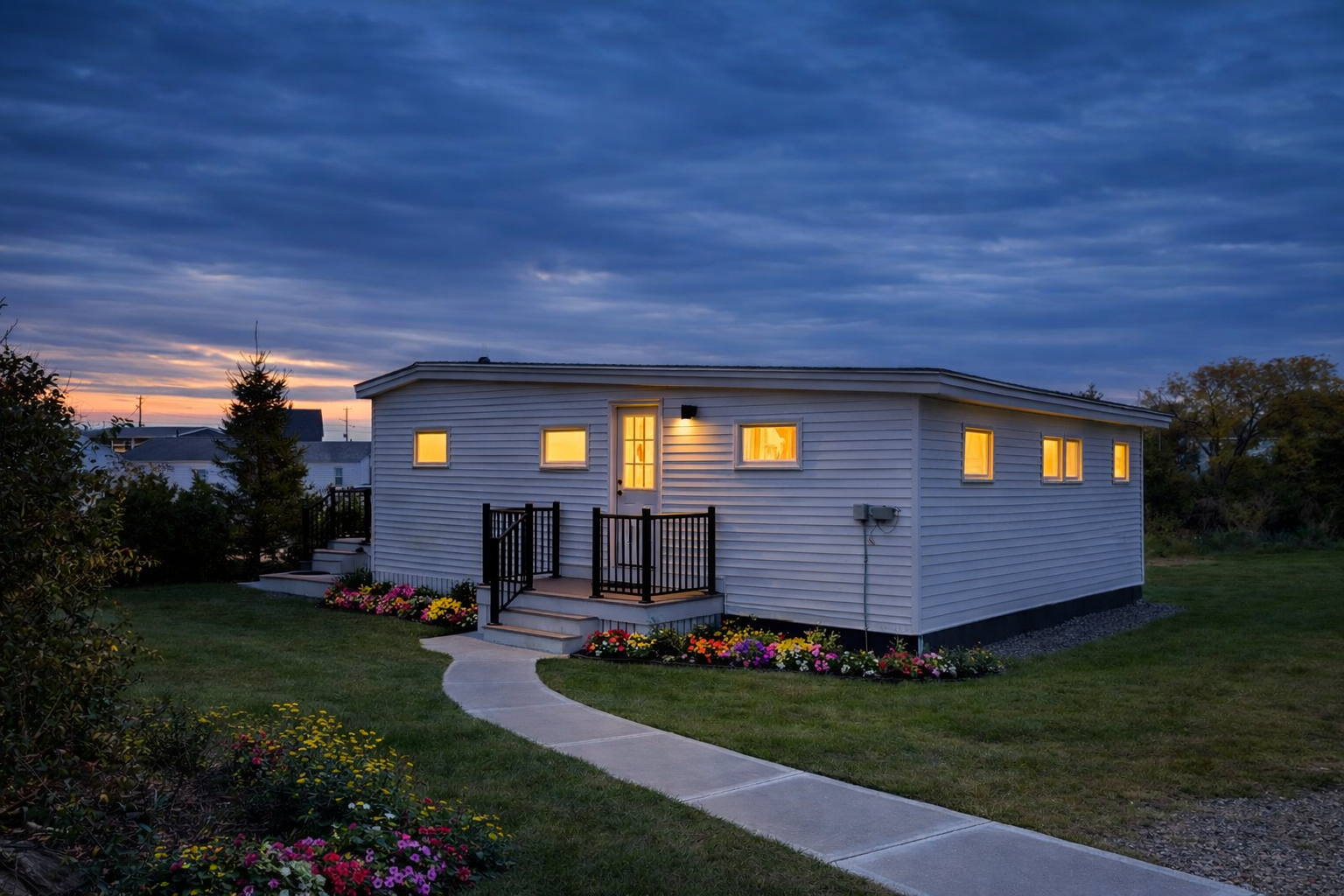 A white, single-story house at dusk with glowing windows, a walkway, and colorful flower beds in the front yard.