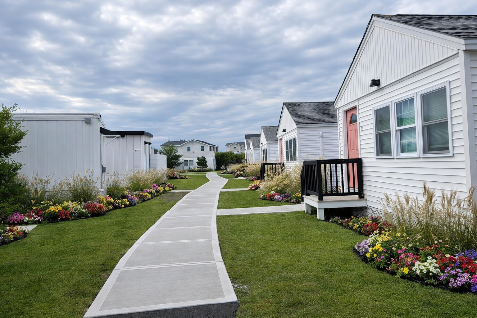 A concrete path leads between rows of small, white cottage-style cabins bordered by colorful flower gardens.