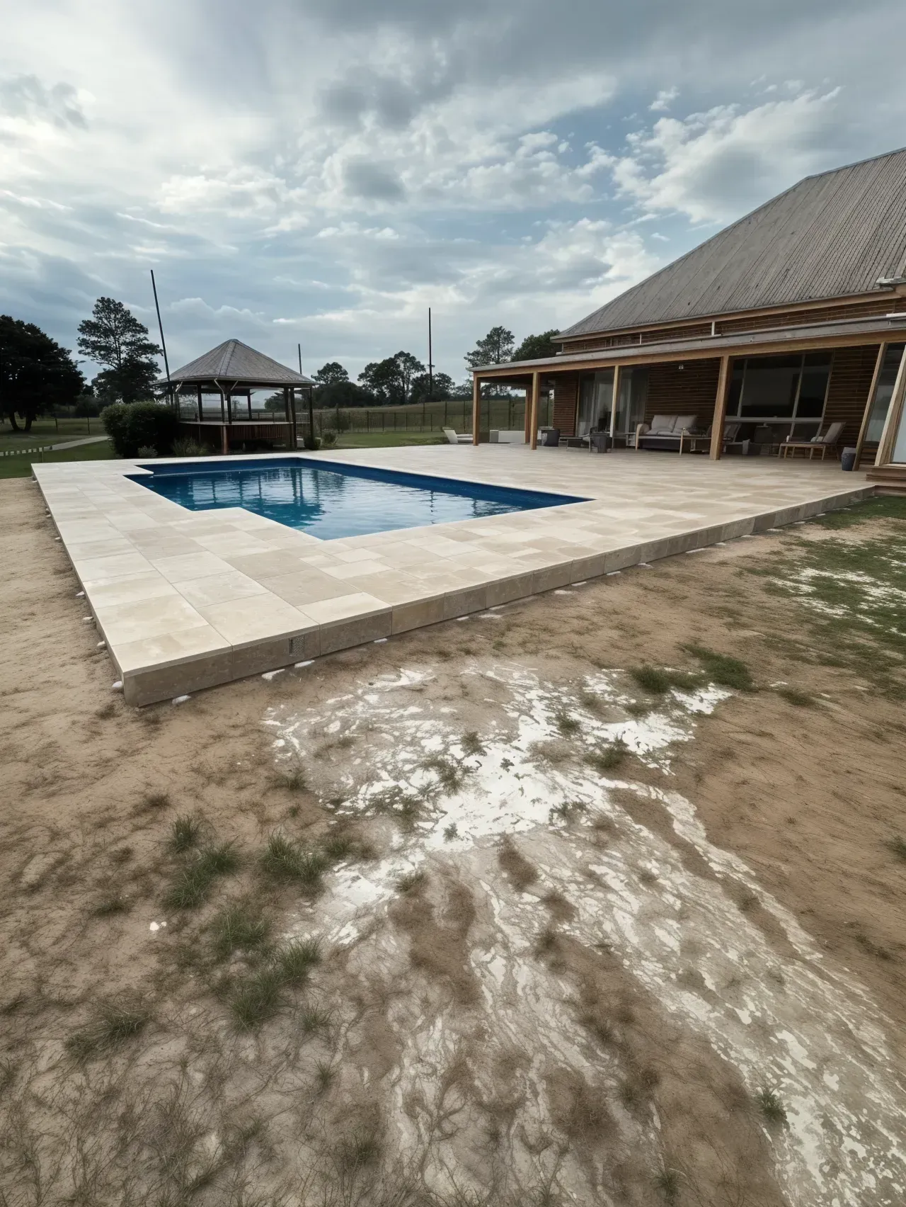 Pool With Stone Patio Next to a House Under a Cloudy Sky — East Coast Paving in Raymond Terrace, NSW