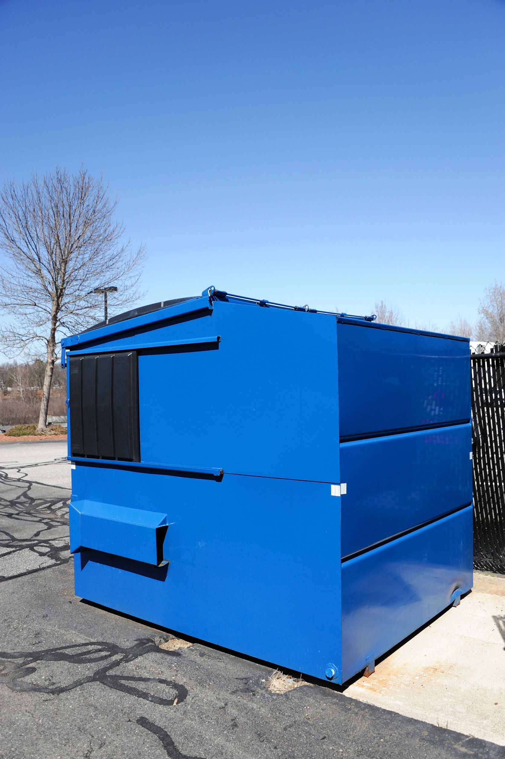 A blue dumpster is sitting on the side of the road.