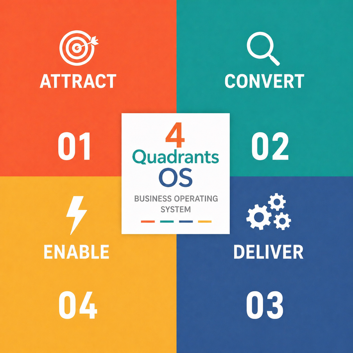 Four quadrants infographic: attract, convert, enable, deliver around a central OS business operating system logo.