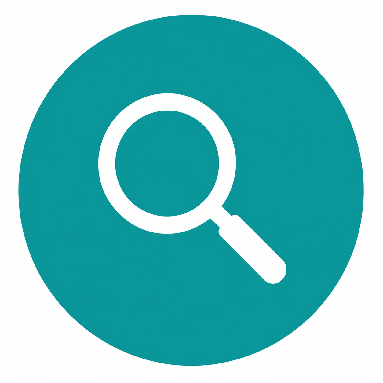 White magnifying glass icon on a teal circular background