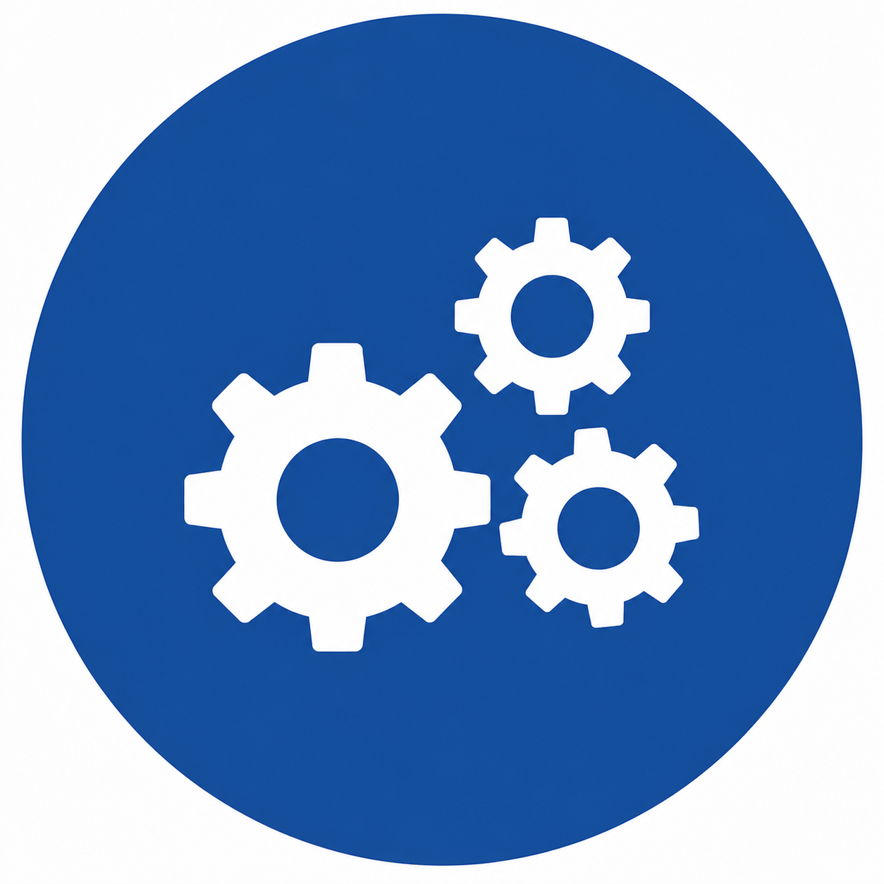 Blue circle with three white gear icons, representing settings or configuration.